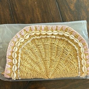 Stoney Clover Lane Natural Straw Half-Moon Clutch with Pink Trim and Shells